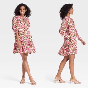 Who What Wear Puff Long Sleeve Mini Dress with Ruffle Collar in Pink Floral (S)